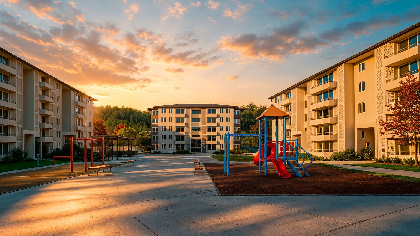 Edificio de Gabriela Mistral con plaza de juegos y máquinas de ejercicio al atardecer